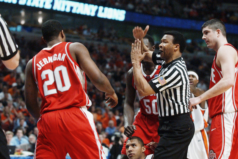 Whack! Referee Ed Hightower issues an unsportsmanlike technical foul to Ohio State Buckeyes guard Emonte Jernigan during the 2003 NCAA Tournament