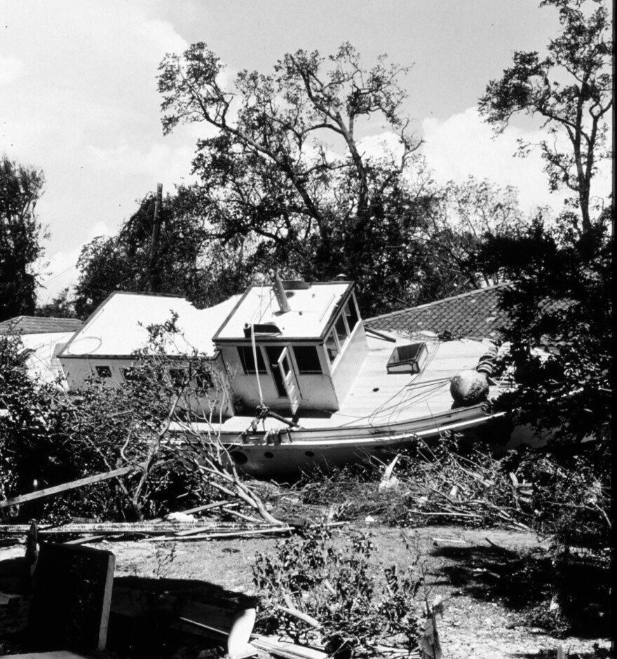 A fishing vessel driven ashore by Hurricane Camille in Biloxi, Miss., in 1969.